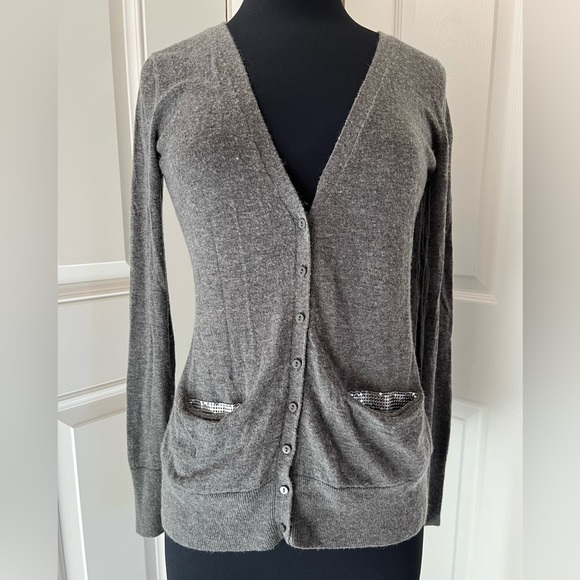 Smitten Gray Button Front Cardigan Sweater Wool Blend with Sequin Pockets - Picture 4 of 15